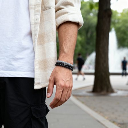 Set náramků z černých a šedých lávových kamenů, onyxu, kokosu a chirurgické oceli pro muže - Korálkové náramky