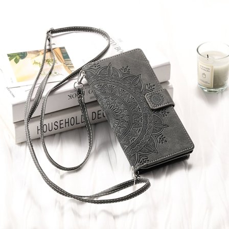 Etui til iPhone 13 Grå + lang snor Multi-kort Totem Glidelås Flip Lommebok med Kortholder