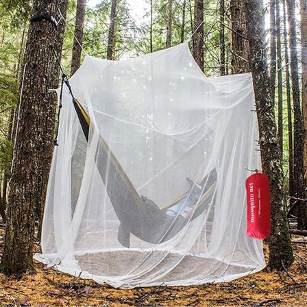 Ekstra stort myggenet med bæretaske, myggenet til seng med 2 åbninger, insektnet til terrasse, camping og rejser med ophængningssæt, 220x200x200 cm