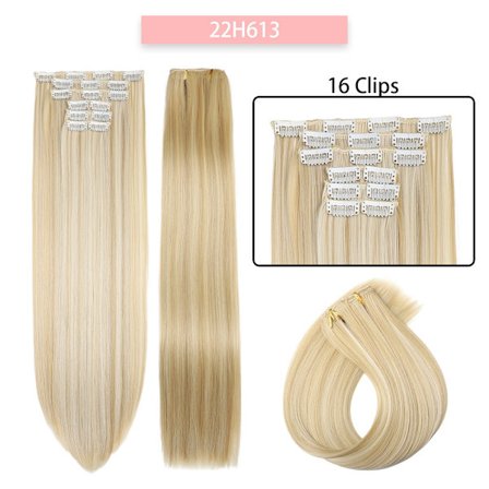 24 tum 16 clips i syntetiskt hårförlängning Lång rak frisyr Syntetbrun Svart hårstrån Värmebeständigt löshår