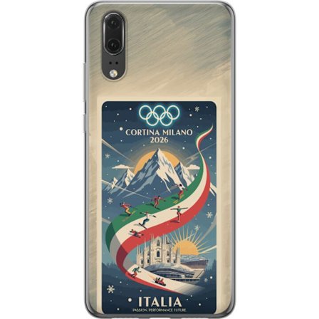 Yhteensopiva Puhelinkuori Huawei P20 Mäkihyppykuvitus, jossa hiihtäjä tähtää kiväärillä lumisella radalla, teksti Milano Cortina 2026 ja olympialaiste