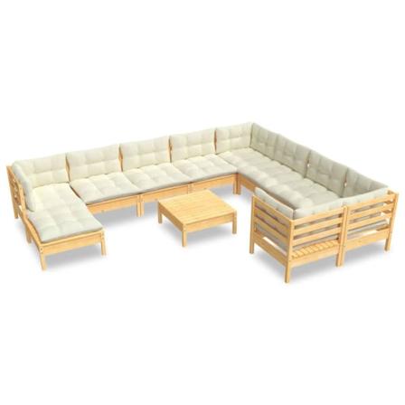Vidaxl Loungegrupp Med Gräddvita Dynor 11 Delar Massiv Furu Creme