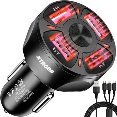 Billaddare + Kabel - 12V Laddare - 4 Portar