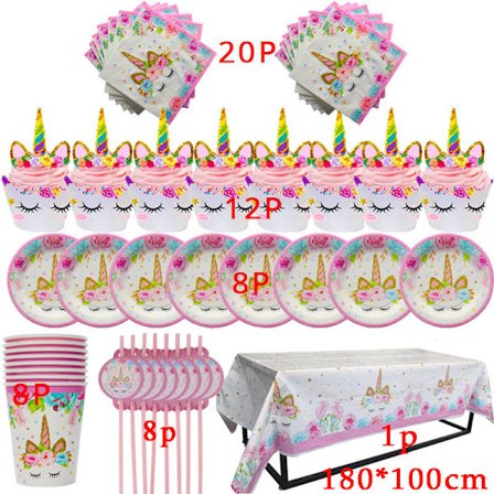 Engångsbestickset med enhörning för flickor, festartiklar för födelsedagskalas, tallrikar, muggar, servetter, banderoller, babyshower-tillbehör