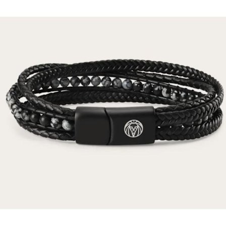 LUCLEON - Naxos-armband i svart läder och snöflingefjäll-obsidian