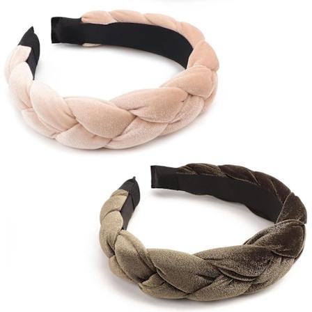 Flettede fløyelshodebånd for kvinner - Elastiske kryssbånd hårtilbehør 2 pcs Braided Hair Hoop: Green/Beige 2