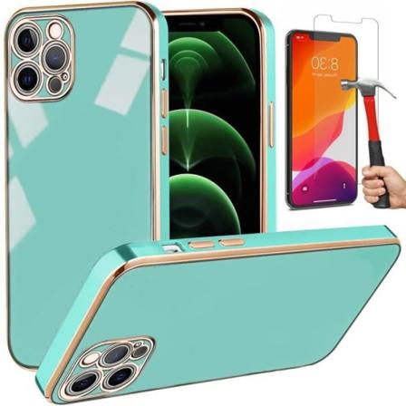 Cover til iPhone 12 Pro Max (6,7") turkis pakke 2 hærdede briller Stødsikker Elegant anti-ridse luksus mode guldkant Turkos