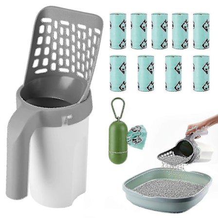 Kattesandsskovl, opgraderet kattesandsskovl med holder, kattegrusskovl med pose og affaldsspand, kattegrusskovl