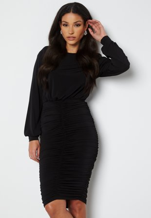 John Zack Long Sleeve Rouched Midi Dress Black Klær