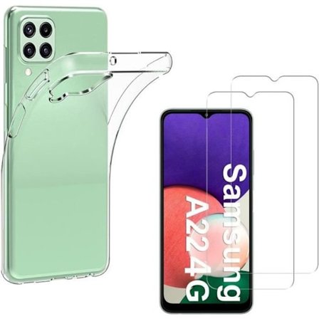 Cover til Samsung A22 4G - Phonillico - Blødt Silikone - 2 Tempererede Glas - Skærmbeskyttelse - Gennemsigtig