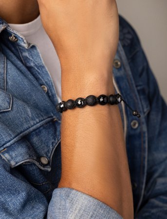 Nialaya Men's Beaded Bracelet With Black Cz Diamond, Lava Stone, Mat - Black - L 18 cm