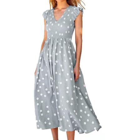 Sommar Kvinnor V-ringad Smal Midja Wave Dot Print Klänning