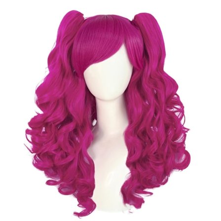 Hårhette + Rosa Lolita Parykk Rose Rød Parykk med Hestehale Lang Rosa Krøllete Parykk med Pannelugg Dobbel Hestehale Lang Rød Rosa Krøllete Parykk 