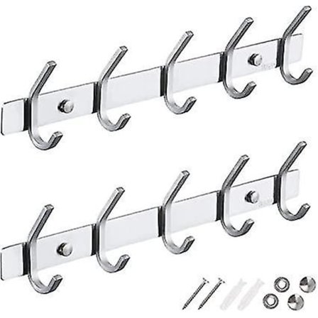 Vægmonterede Frakkeholdere i Rustfrit Stål med Kroge - 2-pak