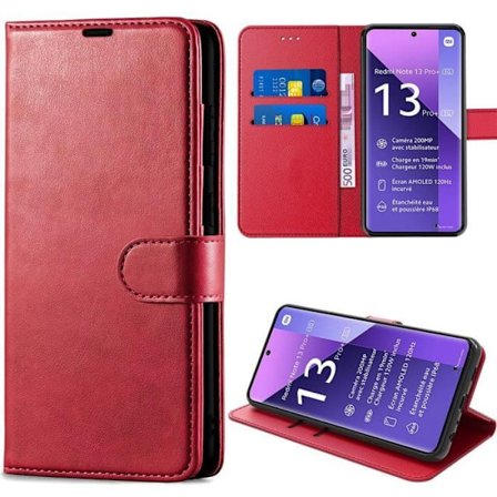 Coque portefeuille för Xiaomi Redmi Note 13 Pro+ 5G - Röd - Stötsäker Läderlook - Kortfack och Ställning