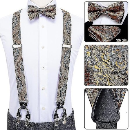 Ylelliset silkkiset miesten henkselit nahka metalli 6 klipsiä henkselit miesten hääjuhliin solmio ja vintage-elastiset henkselit miehille WHBYV-