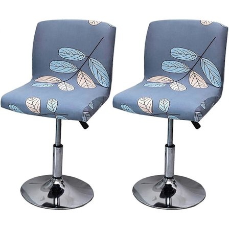 Joustava baarijakkaran päällinen, 2 painettua korkean tuolin päällistä baarin korkeille ruokatuoleille, ruokatuolin istuinsuoja siniset lehdet
