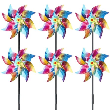 Pakke med 6 fugleafvisende vindmøller, reflekterende vindmøller, fugleafskrækkere, fugleafvisere til altan, have, frugtplantage, gård, tag (regnbue)