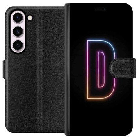 Kompatibel Tegnebogsetui til Samsung Samsung Galaxy S23 Minimalistisk neonbogstav D i farveskiftende lys mod sort baggrund i moderne digital design