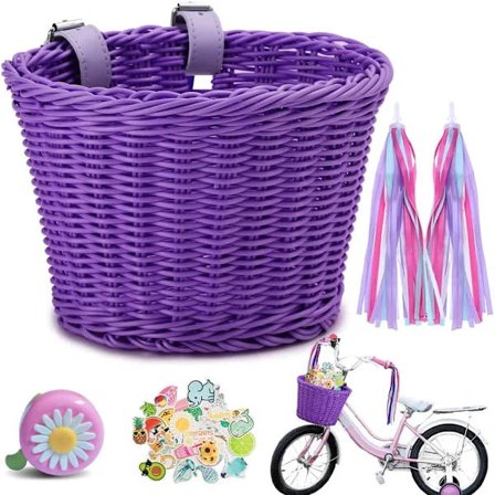 Barncykelkorg fram, flätad cykelkorg för barn, cykelkorgset, avtagbar rotting med läderrem, klockdekaler, tofsar Lila
