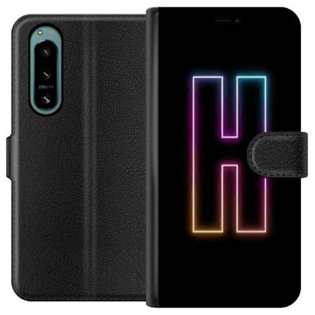 Yhteensopiva Lompakkokotelo Sony Sony Xperia 5 IV Minimalistinen neonkirjain H väriä vaihtavassa valossa mustaa taustaa vasten modernilla typografis