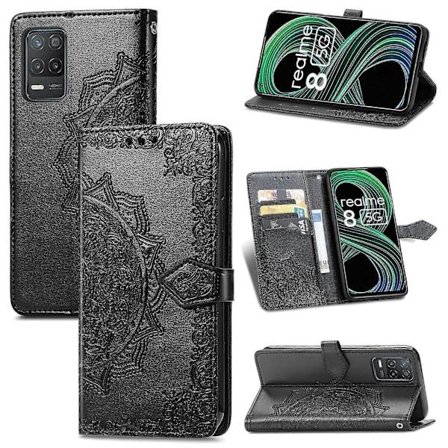 For OPPO Realme 8 5G Mandala Blomst Preget Horisontal Flip Lærveske med Holder & Tre Kortspor & Lommebok & Lanyard (Svart)