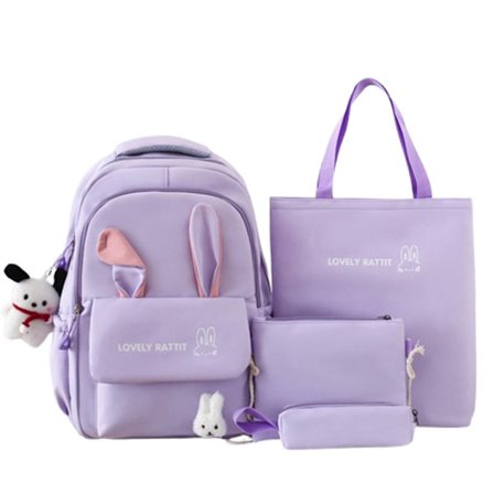 Rygsæk Skoletaske 4-dele, Rygsæk til Skole Piger, Kaninører, Sød rygsæk med flere rum, Stort Rum, til teenagepiger & udskolingen