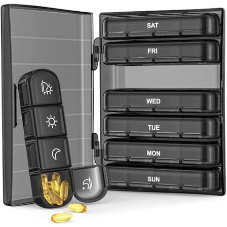 ING Pilleæske, Ugentlig Pilleæske, Fire Gange Dagligt, Bærbar Rejsepilleæske, Rummer 7 Dages Forbrug, Rummeligt Sort Design