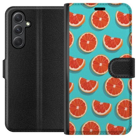 Kompatibelt Lommeboketui til Samsung Galaxy A05s Illustrert mønster med gjentatte grapefrukt skiver mot en turkis bakgrunn