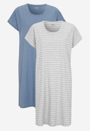 Cellbes of Sweden - Kort nattlinne i bomull 2-pack - gråmelange / randig + dimblå / prickig - för damer - 34/36