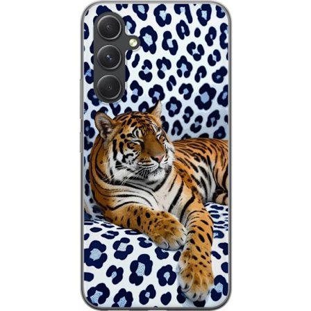 Kompatibelt Mobilskal till Samsung Samsung Galaxy S24 FE Tiger Chill mönster med avslappnad tiger som vilar mot vitblå mönstrad bakgrund i modern s