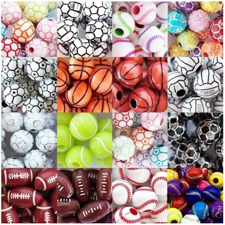 70 stk. Sportperler, 12 mm Basketball, Baseball, Volleyball, Fodbold, Tennis, Softball Perler, Akrylperler til Håndværk, Armbånd, Halskæder