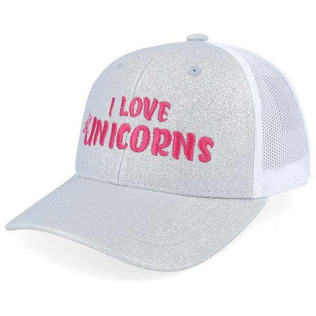 Unicorns - Grå trucker Keps - Kids I Love Unicorns Silver Glitter/White Trucker @ Hatstore