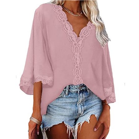 Damtopp Bell Sleeve Blus Djup V-ringad Tröja Spets Enfärgad Topp Lös Casual Skjorta Rosa L