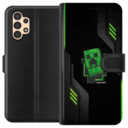 Yhteensopiva Lompakkokotelo Samsung Samsung Galaxy A13 Vihreä pikselipohjainen peli-esitys, jossa on futuristisia neon-elementtejä ja tumma tech-tau