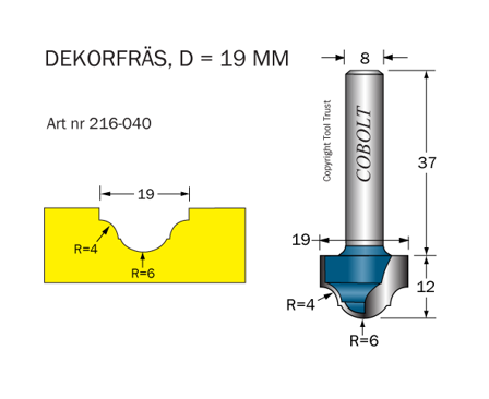 Cobolt 216-040 Dekorfræse R=4/6 D=19 L=12, Maskintilbehør & forbrugsvarer