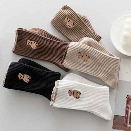 2023 Kawaii Socks Women's Socks Cartoon Bear Socks Embroidered Socks Autumn and Winter Fashion Medium Hose Ankle Socks