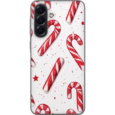 Yhteensopiva Puhelinkuori Samsung Galaxy A56 Jouluinen pallokuoseilla varustettu kuvio punaisilla ja valkoisilla piparminttutankoilla, tähdillä ja lum