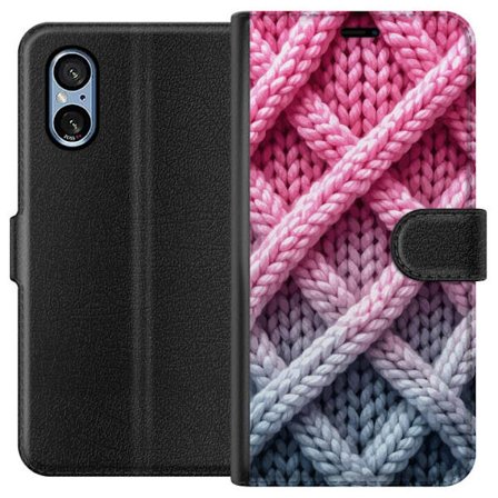 Yhteensopiva Lompakkokotelo Sony Xperia 5 V Lähikuva kudotusta tekstiilikuviosta vaaleanpunaisissa, harmaissa ja valkoisissa sävyissä, joissa on tu