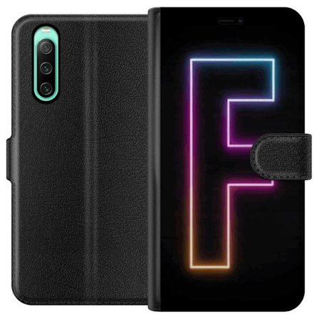 Kompatibel Tegnebogsetui til Sony Sony Xperia 10 IV Neonbogstav F i lyserød, blå og gul lyskanter mod en mørk baggrund, grafisk bogstavillustration