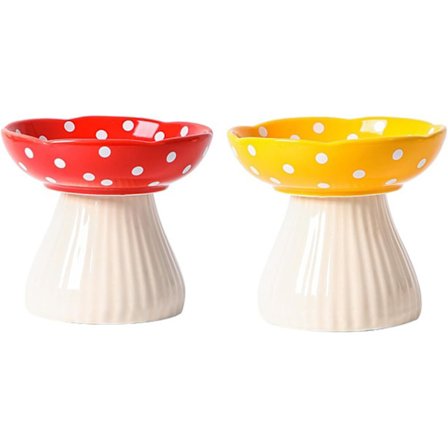 Upphöjd Kattskål, Söt Svamp Kattskål för Vatten, Upphöjd Kattskål för Mat, Keramiska Kattskålar för Mat och Vatten, 2 st (Röd & Gul)