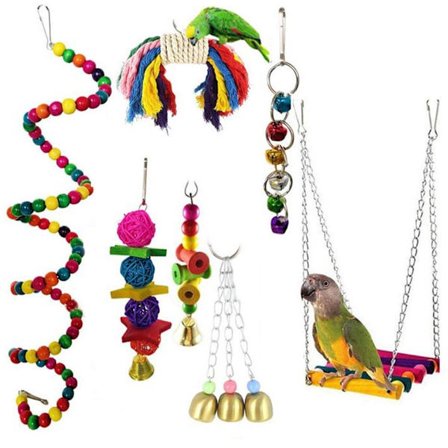Papegoja Gungset med Tuggleksaker - 7-delars Träklockset med Hängmatta Stege - Färgglad Fågelbursleksak