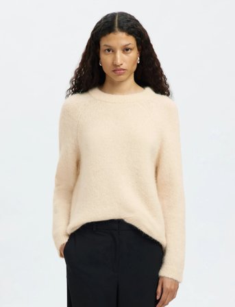 Selected Slfgabella Ls Knit Bow O-Neck - Cream - L