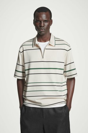 COS Men's Striped Half Zip Polo Shirt in White