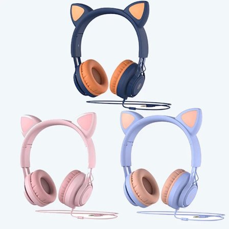 Barns justerbara hörlurar med kattöron med mikrofon rosa