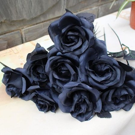 10 stk. kunstig roseblomst, sorte roser, enkelt stilk falsk silkeblomst realistisk blomst flora til DIY fest Halloween dekoration