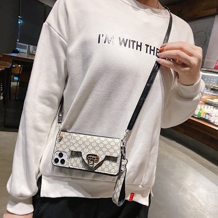 Fodral för iPhone 13 Stor Lås Plånbok Svart Crossbody Rep Lås Myntväska Kedja Läder