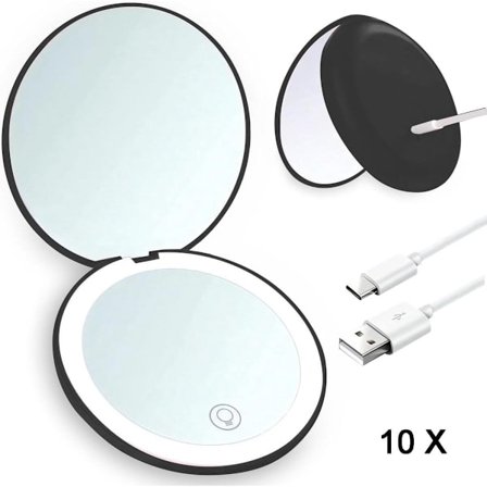 Makeup Spejl - Belyst Kompakt Spejl - Genopladeligt - 1x/10x Forstørrelse Makeup Spejl - Spejl