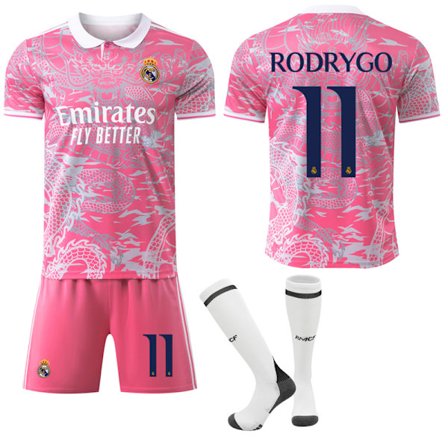 25-26 Real Madrid CF Rosa Drakmönster Special Anniversary Edition NO.11 RODRYGO Tröjor Barn Vuxen Fotbollsutrustning med Strumpor