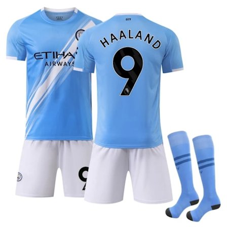 2025-2026 Manchester City Hjemmebane Børnefodboldtrøje med sokker No.9 Haaland